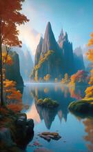 Fantasy Landscape, Mountains And Trees Around A Lake, Generative Ai, Illustration, These Depiction Is Fictitious And Generated	
