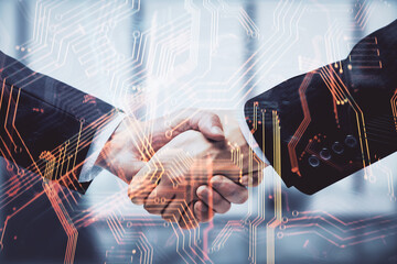 Fototapete - Double exposure of tech hologram and handshake of two men. Deal concept.