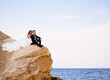 Front view of attractive brides couple sitting on rock looking at sea landscape. Beautiful woman in long puffy dress hugging loving groom behind, enjoying nature together.