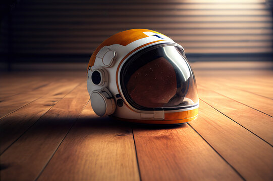 Wall Mural - Astronaut helmet, realistic astronaut helmet with clear glass for space exploration and flight in cosmos. White suit part for protection spaceman head. Generative AI.