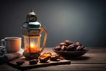 Wall Mural - Muslim iftar breaking fast with dried dates, nuts and sweet drinks, with lantern lamp as decoration. Created with Generative AI technology.