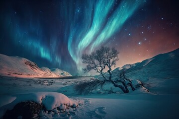 Aurora light night sky landscape snow land (Ai generated) 