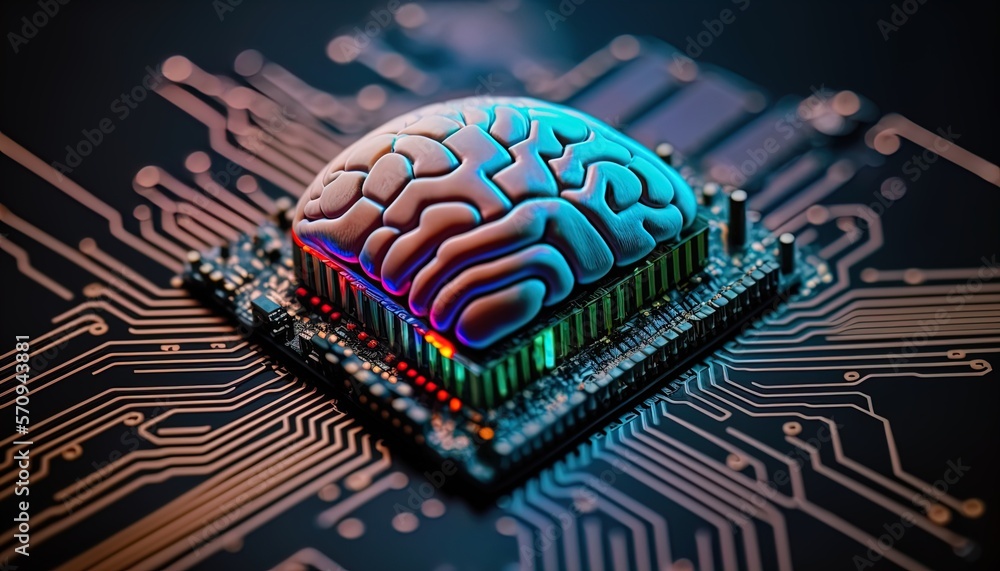 Human brain as a microchip illustration. Digitalization, business ...
