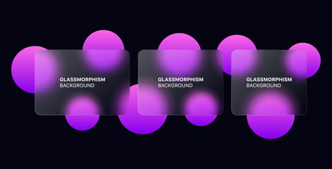 Wall Mural - glassmorphism background banner with transparent glass frame template . Realistic Frosted glass morphism effect with blurred abstract gradient purple circle shapes. Vector illustration