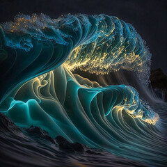 Wall Mural - Bioluminescence waves. Generative AI.