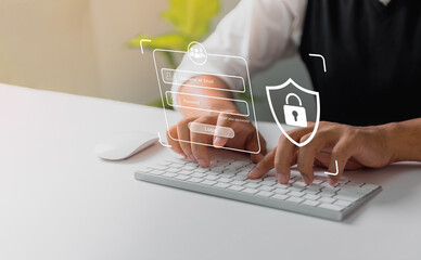 Fototapete - User typing login and password at home, secure access to the personal information and big data. cyber security, the digital crime concept, and data protection from hackers.