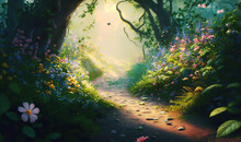 A Sunlit Path Through A Forest Filled With Wildflowers