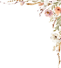 Watercolor Beige Wildflowers Boho Corner Border. Dried Herbs, Grass Floral Bouquet, Elegant Arrangement. Botanical Boho Elements Isolated On White. Wedding Invitation, Greeting, Card, Printing, Design