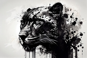  Abstraktes schwarz weißes Puma Kunstwerk mit Farbspritzer isoliert auf weißen Hintergrund. Perfektes Wandbild - Generative Ai