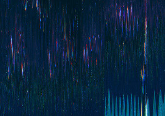 Wall Mural - Glitch overlay. Color noise. Static frequency. Purple blue green wave digital artifacts texture on dark black illustration abstract background.