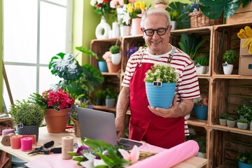 Canvas Print - Middle age grey-haired man florist using laptop holding plant at flower shop