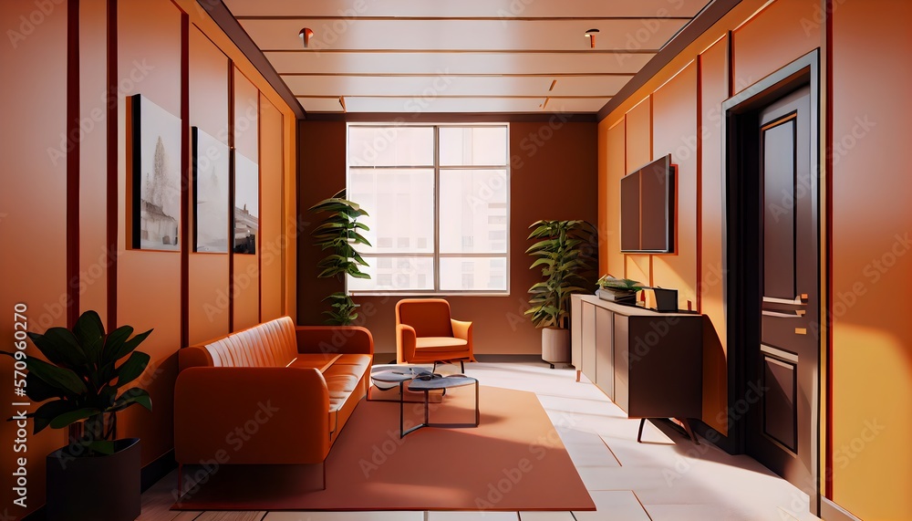 Modern living room, small and luxury office lobby with tawny orange ...
