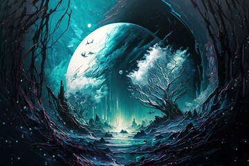 A magical dark landscape with a huge blue planet in the dark blue galactic sky, generative ai