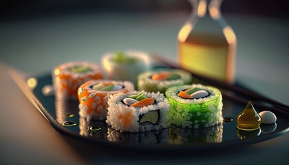  a plate of sushi with chopsticks and a bottle of sauce on the side of the plate and a bottle of oil in the background.  generative ai