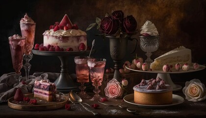 Sticker -  a table topped with cakes and desserts covered in frosting and toppings next to wine glasses and a vase of roses and a candle.  generative ai