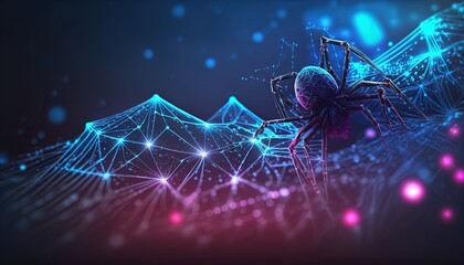 Cyber microchip spider networked on a digital data spider web mesh, artificial intelligence created with generative ai technology