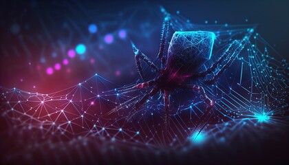 Cyber microchip spider networked on a digital data spider web mesh, artificial intelligence created with generative ai technology