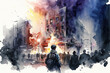 Watercolor riots on the street, uproar, city rampage, urban civil unrest disturbance concept illustration, genereative ai