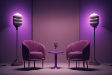 Wall Mural - minimalist podcast, one microphone and two armchairs, Generative IA