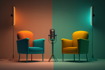 Wall Mural - minimalist podcast, one microphone and two armchairs, Generative IA