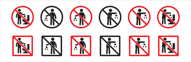 Wall Mural - Do not litter sign set. Do not littering icon. Littering forbidden signs. Round and square shape signage. Vector stock illustration.