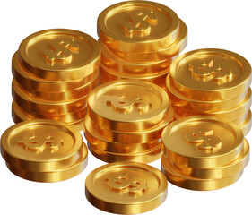 Stack of gold dollar coin currency market financial or investment money banking treasure wealth cash and golden dollar pile economy with business earnings profit sign. 3D render