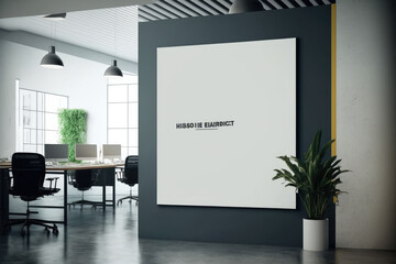 Empty advertising billboard frame on wall in office lobby copy space for mock up design template. Peculiar AI generative image.