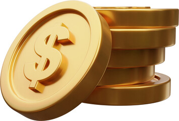 Stack of gold dollar coin currency market financial or investment money banking treasure wealth cash and golden dollar pile economy with business earnings profit sign. 3D render