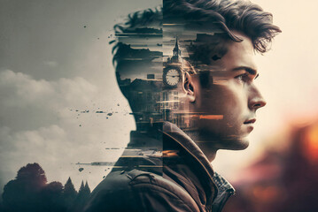 illustration of a young man, double exposure with a clock. time travel or time related concept. fict