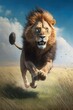A lion jumping over the camera, high speed chase on the grassy plains - generative AI