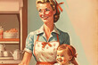 Cheerful vintage style illustration showing happy mother and child standing in the kitchen. Happy housewife concept of the 1950s. Made with generative AI.