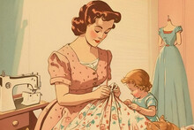 1950s Vintage Style Illustration Showing Young Mother With Child Sewing A Dress. Made With Generative AI.