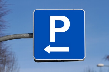 Parking sign showing free places. Traffic parking sign with clean sky