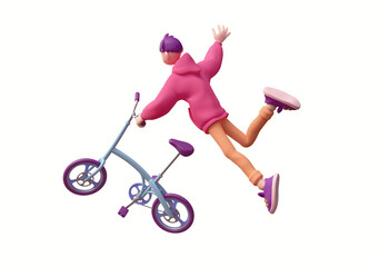 Young tall cute colorful funny сasual asian active purple-haired guy in fashion clothes red hoodie, beige jeans, sneakers flies on blue bike in air have fun, joy. 3d render isolated on white backdrop.