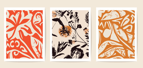 set of three postcards with natural abstract motifs drawn by freehand brush. perfect contemporary element for decoration