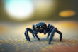 Cute black jumping spider close up fuzzy macro portrait illustration with tilt-shift blurred background and vibrant colors, ai.