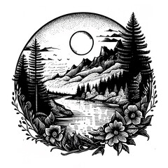 Wall Mural - Beautiful dotwork generative ai illustration with nature landscape - mountains, pine forest, river and sun. Tattoo art. Infinite space, meditation symbols, travel, tourism.