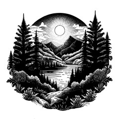 Wall Mural - Beautiful dotwork generative ai illustration with nature landscape - mountains, pine forest, river and sun. Tattoo art. Infinite space, meditation symbols, travel, tourism.