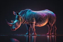 Rhinoceros With Neon Lights On A Dark Background.  Generative AI