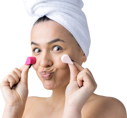 beauty portrait of woman in white towel on head with a sponge for a body in view of a pink heart. sk