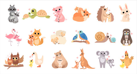 Poster - Cute mom and baby animal couples set. Raccoon, snail, owl, kangaroo, sheep, turtle, koala families cartoon vector illustration