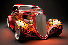 Red Vintage Hot Rod With Bright Ornament On Grill And Exhaust Pipe, Generative Ai