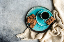 Ceramic Plate With Chocolate Cookies And Coffee