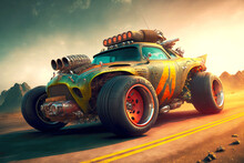 Hot Rods Car With Monster Wheels Rides Along Highway, Generative Ai