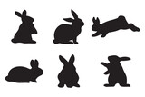 Fototapeta Dinusie - Rabbit in different positions clipart set. Easter bunny black silhouette collection. Isolated on white background. Vector illustration