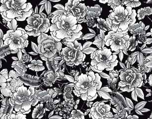 Wall Mural - Pretty floral monochrome pattern with roses and leaves perfect for decoration and textile	