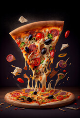 Wall Mural - Flying pizza slice with melted cheese and vegetables. Generative AI