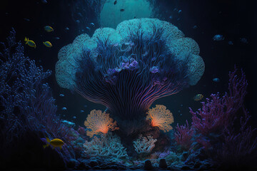 Wall Mural - Underwater sea world. Colorful neon corals at the bottom of the ocean. AI