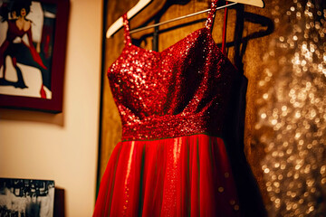 Poster - fantastic evening short dress with sequins and tulle red dress on a hanger in the store, generative ai