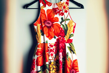 Poster - modern bright floral red dress on a hanger in the store, generative ai